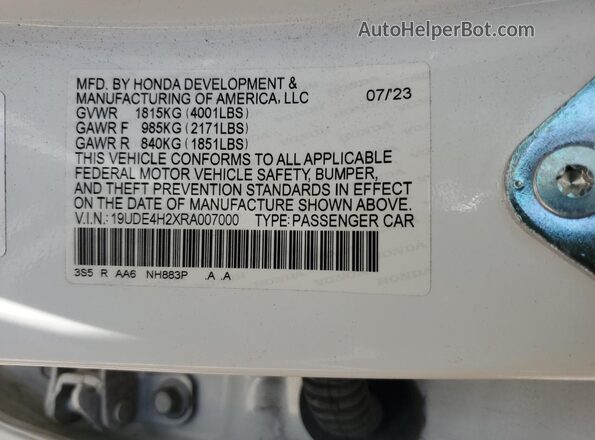 19UDE4H2XRA007000 2024 ACURA INTEGRA White VIN կոդի պիտակի տեսք