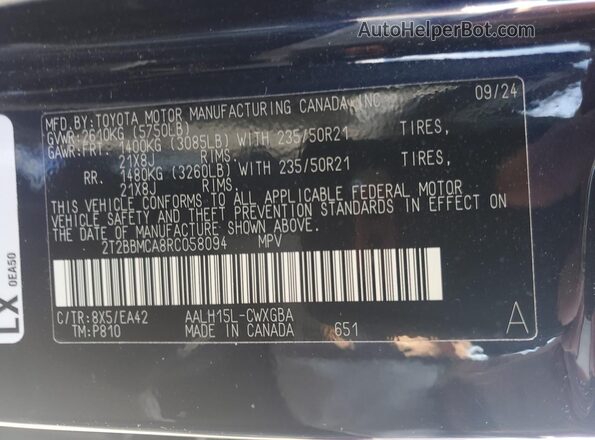 2T2BBMCA8RC058094 2024 LEXUS RX Blue Widok naklejki z numerem VIN