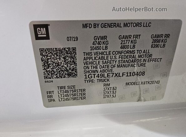 1GT49LE7XLF110408 2020 GMC SIERRA White Widok naklejki z numerem VIN
