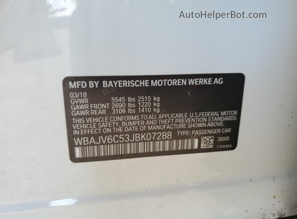 WBAJV6C53JBK07288 2018 BMW 6 SERIES White VIN կոդի պիտակի տեսք