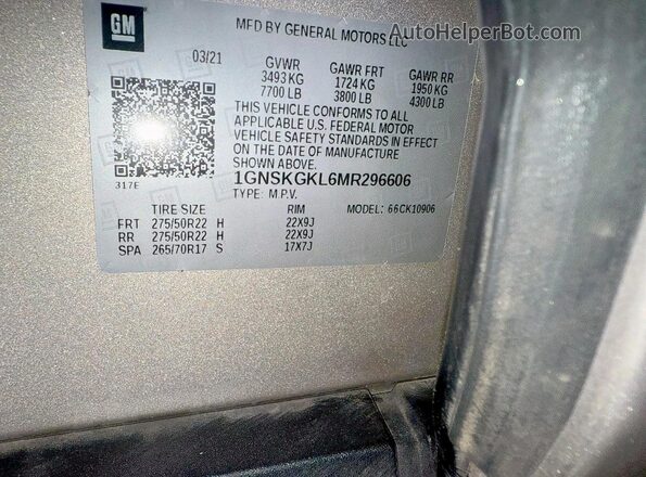 1GNSKGKL6MR296606 2021 CHEVROLET SUBURBAN Tan Vista interior trasera