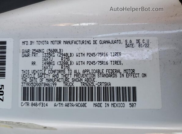 3TYRX5GNXNT046199 2022 TOYOTA TACOMA White Widok naklejki z numerem VIN