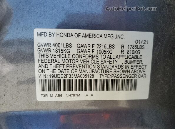 19UDE2F33MA005128 2021 ACURA ILX Gray Вид підкапотного простору