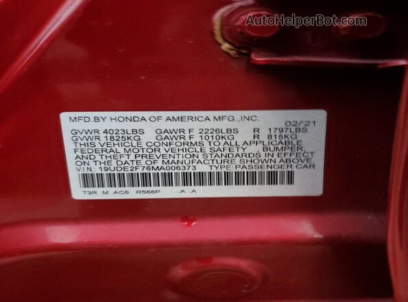 19UDE2F76MA006373 2021 ACURA ILX Red VIN sticker view