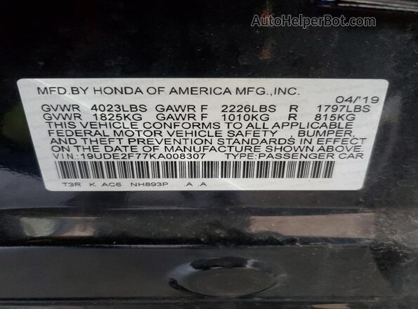 19UDE2F77KA008307 2019 ACURA ILX Black Widok naklejki z numerem VIN