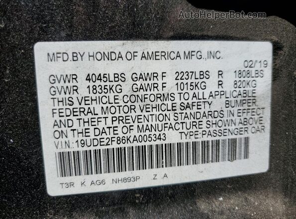 19UDE2F86KA005343 2019 ACURA ILX Black VIN კოდის სტიკერის ხედი