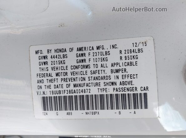 19UUB1F38GA004872 2016 ACURA TLX White Вид підкапотного простору