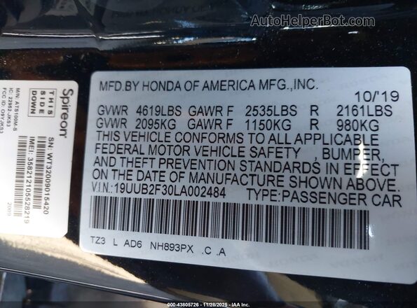 19UUB2F30LA002484 2020 ACURA TLX Black Widok komory silnika