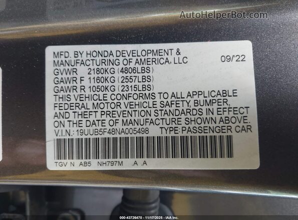 19UUB5F48NA005498 2022 ACURA TLX Gray Engine compartment view