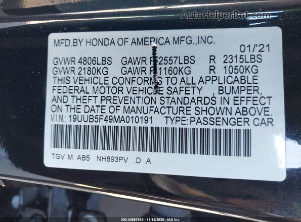 19UUB5F49MA010191 2021 ACURA TLX Black Вид підкапотного простору