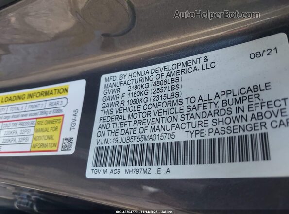 19UUB5F55MA015705 2021 ACURA TLX Gray Вид підкапотного простору