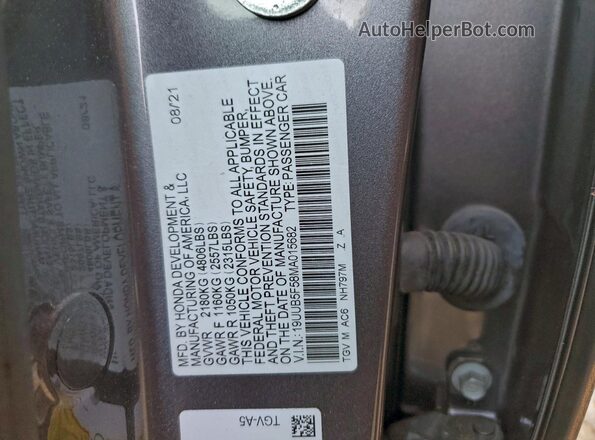 19UUB5F58MA015682 2021 ACURA TLX Gray Вид підкапотного простору