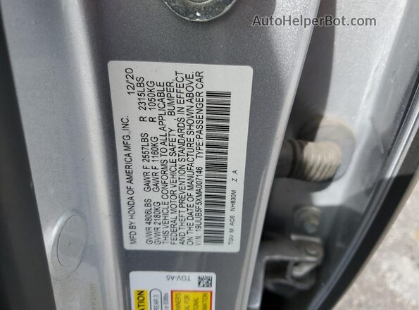 19UUB5F5XMA007146 2021 ACURA TLX Silver VIN კოდის სტიკერის ხედი