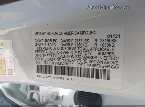 19UUB5F67MA009137 2021 ACURA TLX White Շարժիչի բաժամունքի տեսք