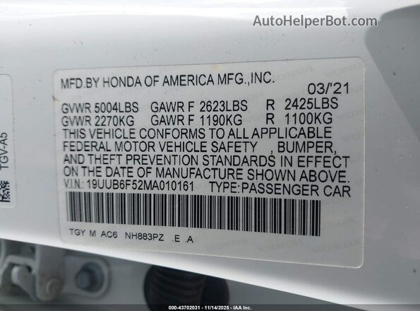 19UUB6F52MA010161 2021 ACURA TLX White Вид підкапотного простору