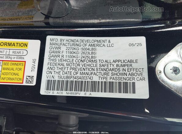 19UUB6F54SA003743 2025 ACURA TLX Черный Вид подкапотного пространства