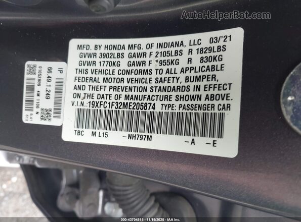19XFC1F32ME205874 2021 HONDA CIVIC Синий Вид наклейки с VIN-кодом