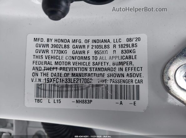 19XFC1F33LE217062 2020 HONDA CIVIC White Vista del compartimento del motor