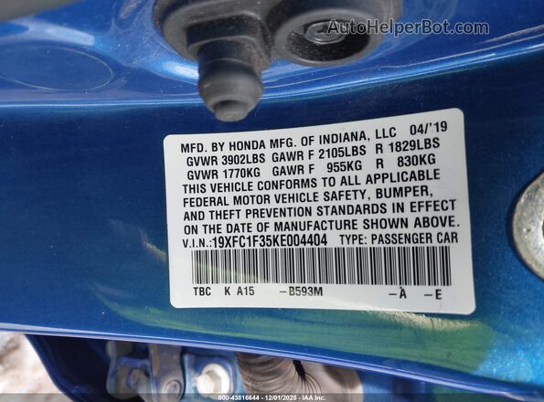 19XFC1F35KE004404 2019 HONDA CIVIC Blue ძრავის განყოფილების ხედი