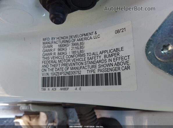 19XZE4F52NE005752 2022 HONDA INSIGHT Белый Вид подкапотного пространства