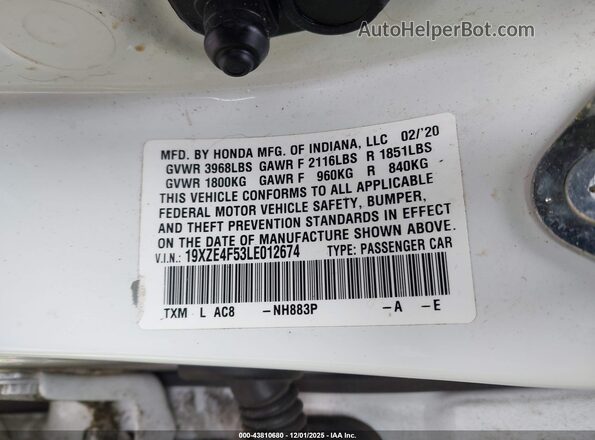 19XZE4F53LE012674 2020 HONDA INSIGHT White 