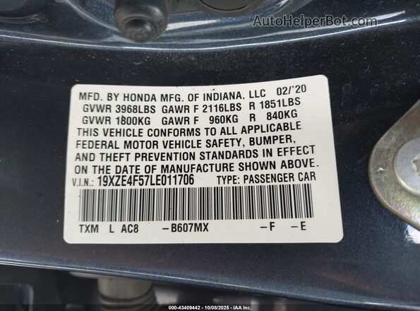 19XZE4F57LE011706 2020 HONDA INSIGHT Dark Blue ძრავის განყოფილების ხედი