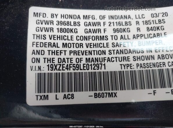 19XZE4F59LE012971 2020 HONDA INSIGHT Blue 