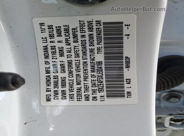 19XZE4F5XLE004166 2020 HONDA INSIGHT White VIN კოდის სტიკერის ხედი