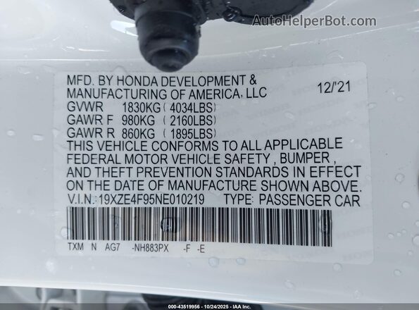 19XZE4F95NE010219 2022 HONDA INSIGHT White Widok komory silnika