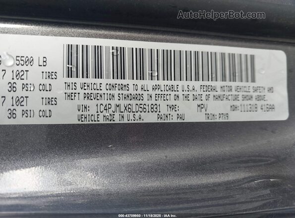 1C4PJMLX6LD561831 2020 JEEP CHEROKEE Серый Вид подкапотного пространства