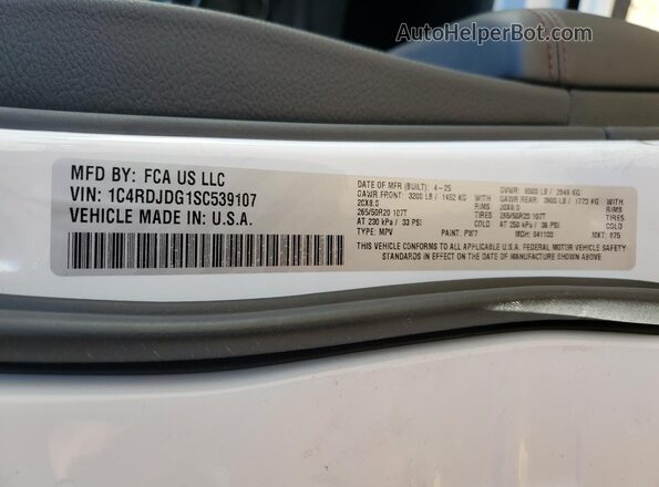 1C4RDJDG1SC539107 2025 DODGE DURANGO White Панорамний вид салону 360°