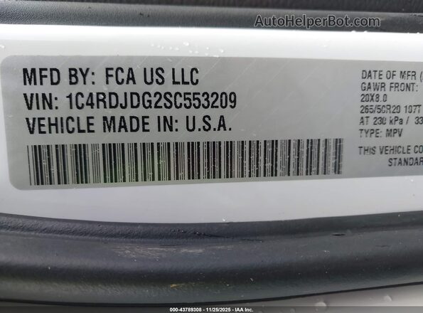 1C4RDJDG2SC553209 2025 DODGE DURANGO White Շարժիչի բաժամունքի տեսք
