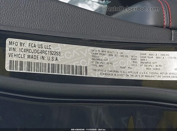 1C4RDJDG4RC192253 2024 DODGE DURANGO Black Widok komory silnika
