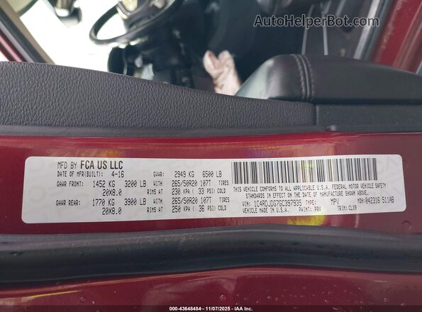 1C4RDJDG7GC397935 2016 DODGE DURANGO Burgundy Vista del compartimento del motor