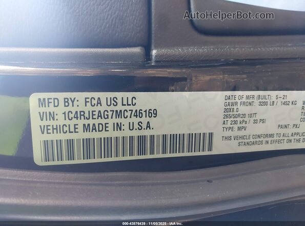 1C4RJEAG7MC746169 2021 JEEP GRAND CHEROKEE Black Widok komory silnika