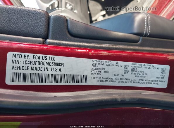1C4RJFBG0MC580839 2021 JEEP GRAND CHEROKEE Бордовый Вид подкапотного пространства