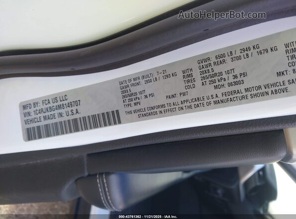 1C4RJKBG4M8149707 2021 JEEP GRAND CHEROKEE L White Vista del compartimento del motor