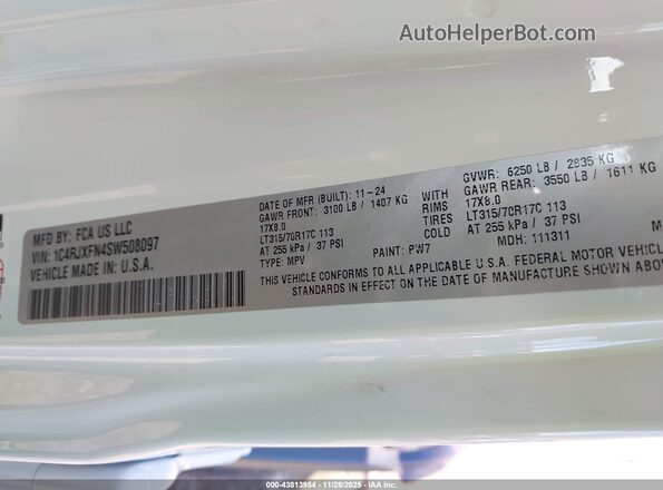 1C4RJXFN4SW508097 2025 JEEP WRANGLER White Շարժիչի բաժամունքի տեսք