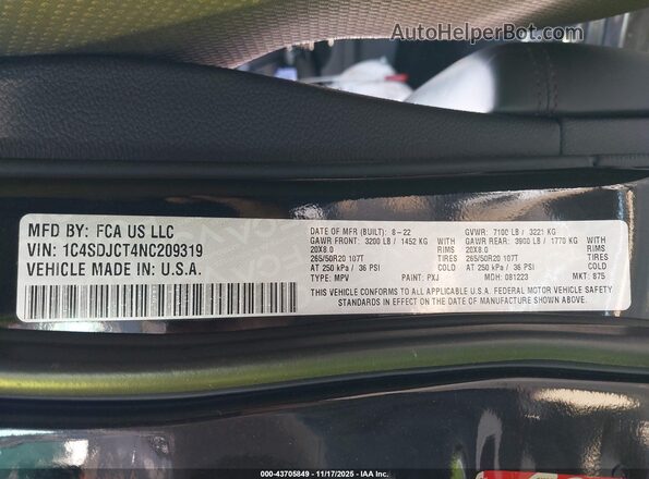 1C4SDJCT4NC209319 2022 DODGE DURANGO Серый Вид подкапотного пространства