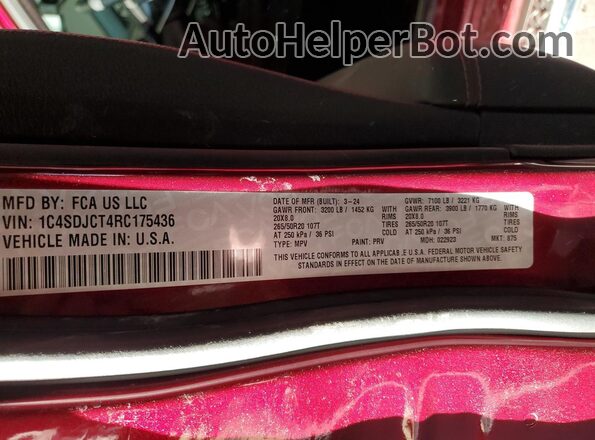 1C4SDJCT4RC175436 2024 DODGE DURANGO Maroon Vista de la etiqueta del VIN