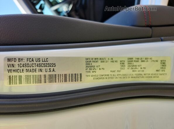 1C4SDJCT4SC523225 2025 DODGE DURANGO White Вид наклейки з VIN-кодом