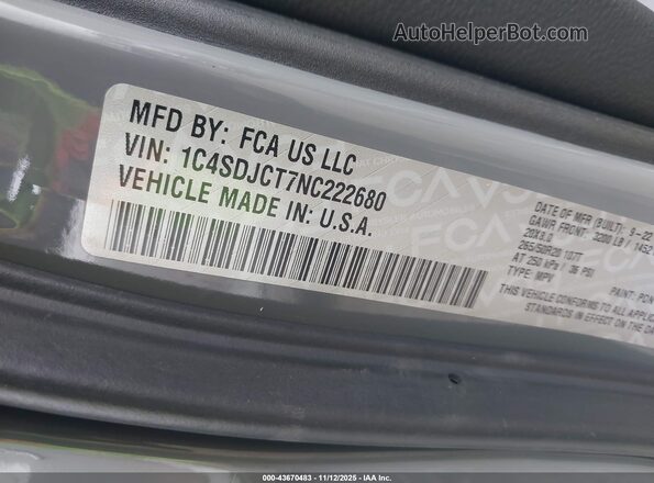 1C4SDJCT7NC222680 2022 DODGE DURANGO Gray Vista del compartimento del motor