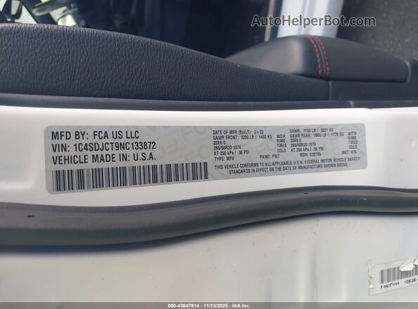 1C4SDJCT9NC133872 2022 DODGE DURANGO White Widok komory silnika
