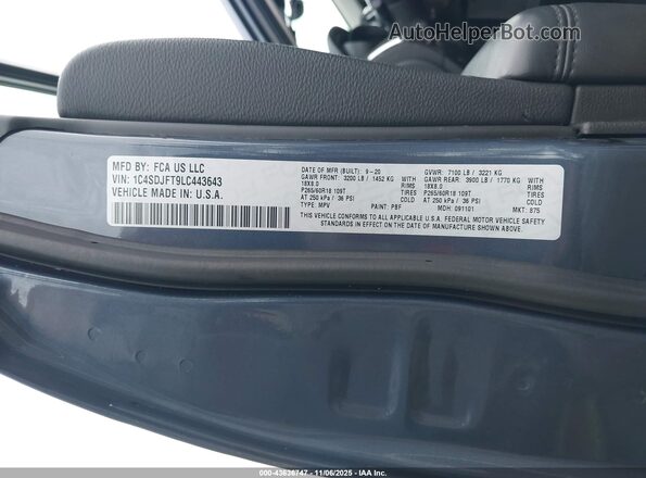 1C4SDJFT9LC443643 2020 DODGE DURANGO Blue Vista del compartimento del motor