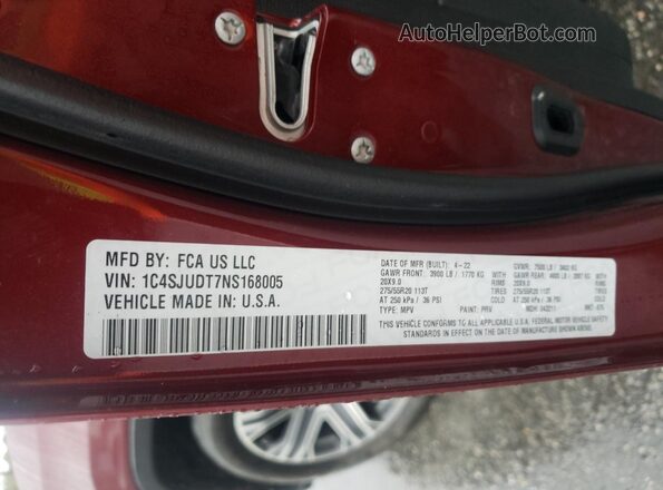 1C4SJUDT7NS168005 2022 JEEP WAGONEER Red VIN კოდის სტიკერის ხედი