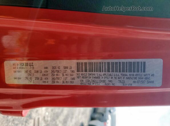 1C6HJTAG1LL124981 2020 JEEP GLADIATOR Red Вид підкапотного простору