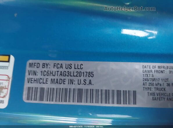1C6HJTAG3LL201785 2020 JEEP GLADIATOR Blue Vista del compartimento del motor