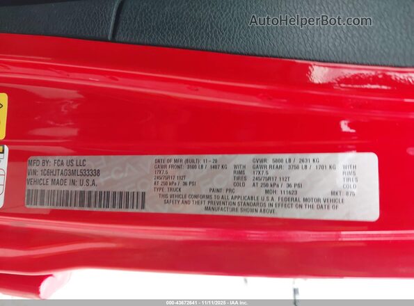 1C6HJTAG3ML533338 2021 JEEP GLADIATOR Red Vista del compartimento del motor