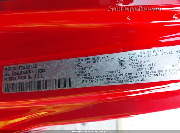 1C6HJTAG4ML539083 2021 JEEP GLADIATOR Orange 