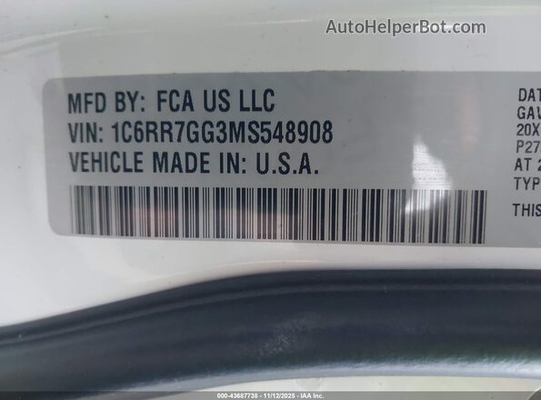 1C6RR7GG3MS548908 2021 RAM 1500 CLASSIC Белый Вид подкапотного пространства